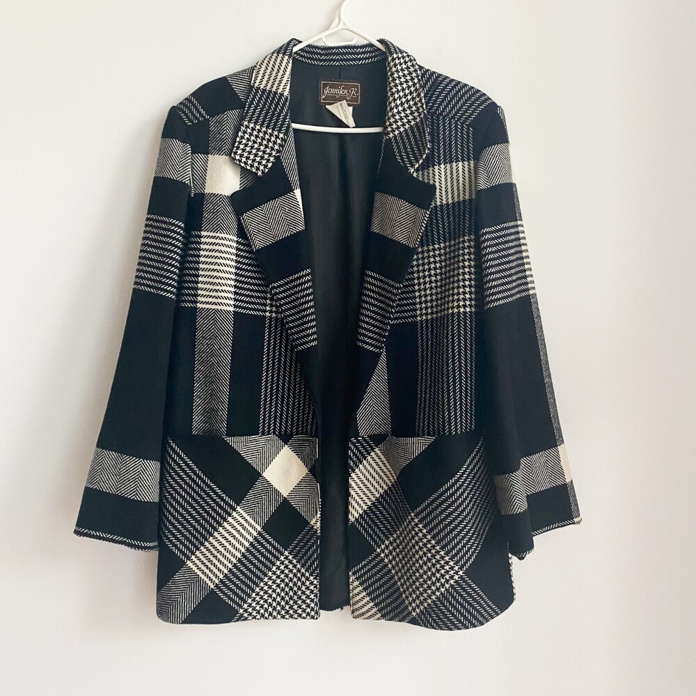 Vintage Wool Blend Plaid Black White Boxy Relaxed Fit Open Front Blazer 8